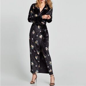 Zara Floral Print Velvet Robe Duster Wrap Tie Maxi Dress size small